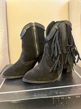 Lucchese Black Suede Fringe Western Ankle Boots